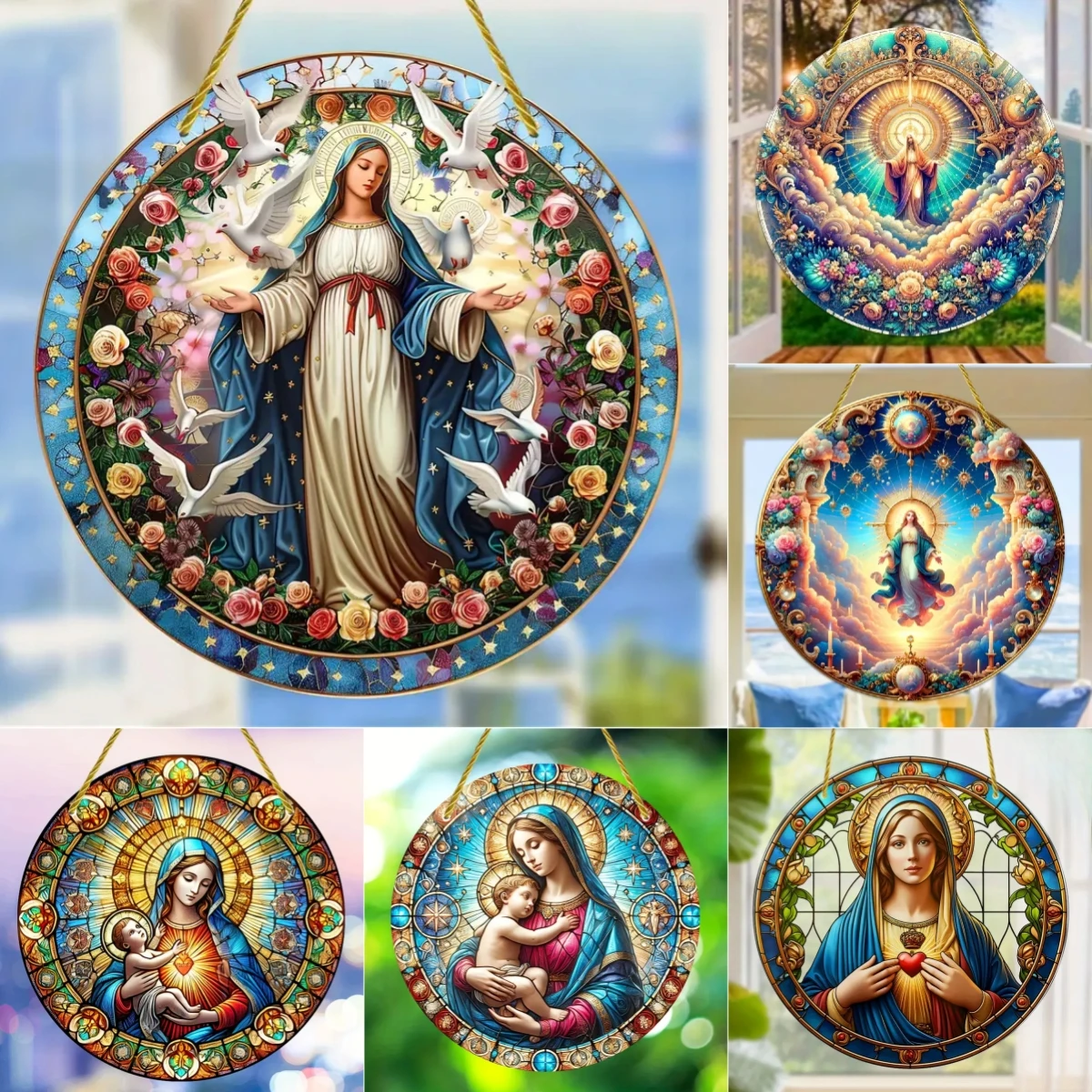 Home Security Yard Sign - Christian Religion Mary Suncatcher,Translucent Stained Window