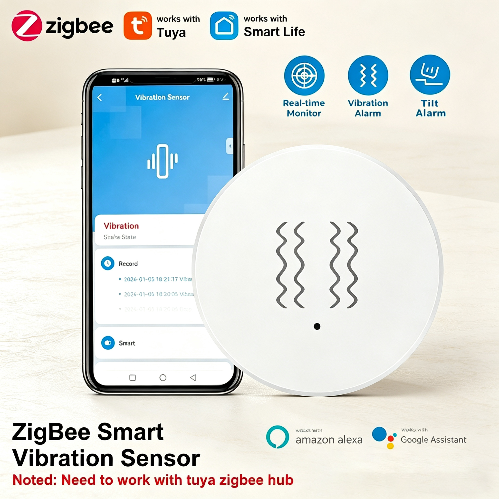 Tuya ZigBee Smart Vibration &  - Home Security Home Assistant avaliação e preço